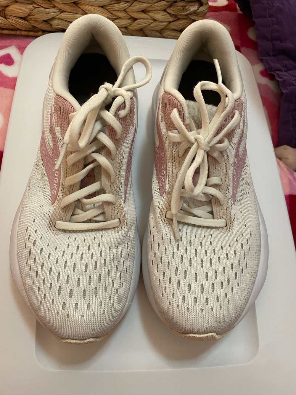 Brooks Women's Running Shoes - Cream and Dusty Pink Accents.
